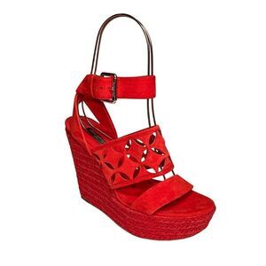 Louis Vuitton Ankle Wrap Espadrille Lasercut Logo Wedge Suede Sandals EU 37 US 7